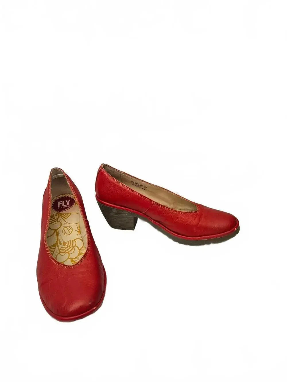 Fly London Red Leather Block Heel Pumps. Features Soft Leather Uppers, Slip-On D